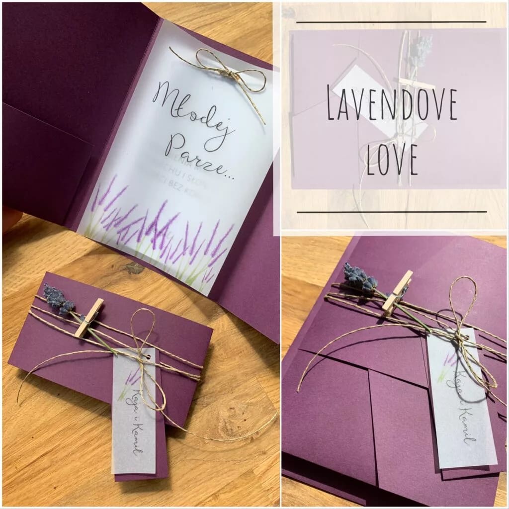 KARTKA ŚLUBNA LAVENDOWE LOVE, ręcznie robiona, fioletowa koperta, z kieszonką, życzeniami i kalką