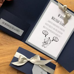 Kartka ślubna na wesoło, granat, wstążka, możliwa personalizacja