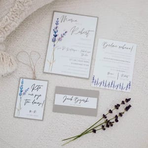 lawendowe zaproszenie ślubne, lawendowa łodyga i kwiat, personalizacja, lawendowa łodyga, lawendowy zestaw ślubny